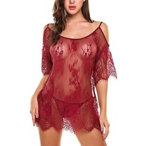 💋Sexy Nighty Chemises Lace Smock Lingerie Mini Babydoll nightie Dark Red